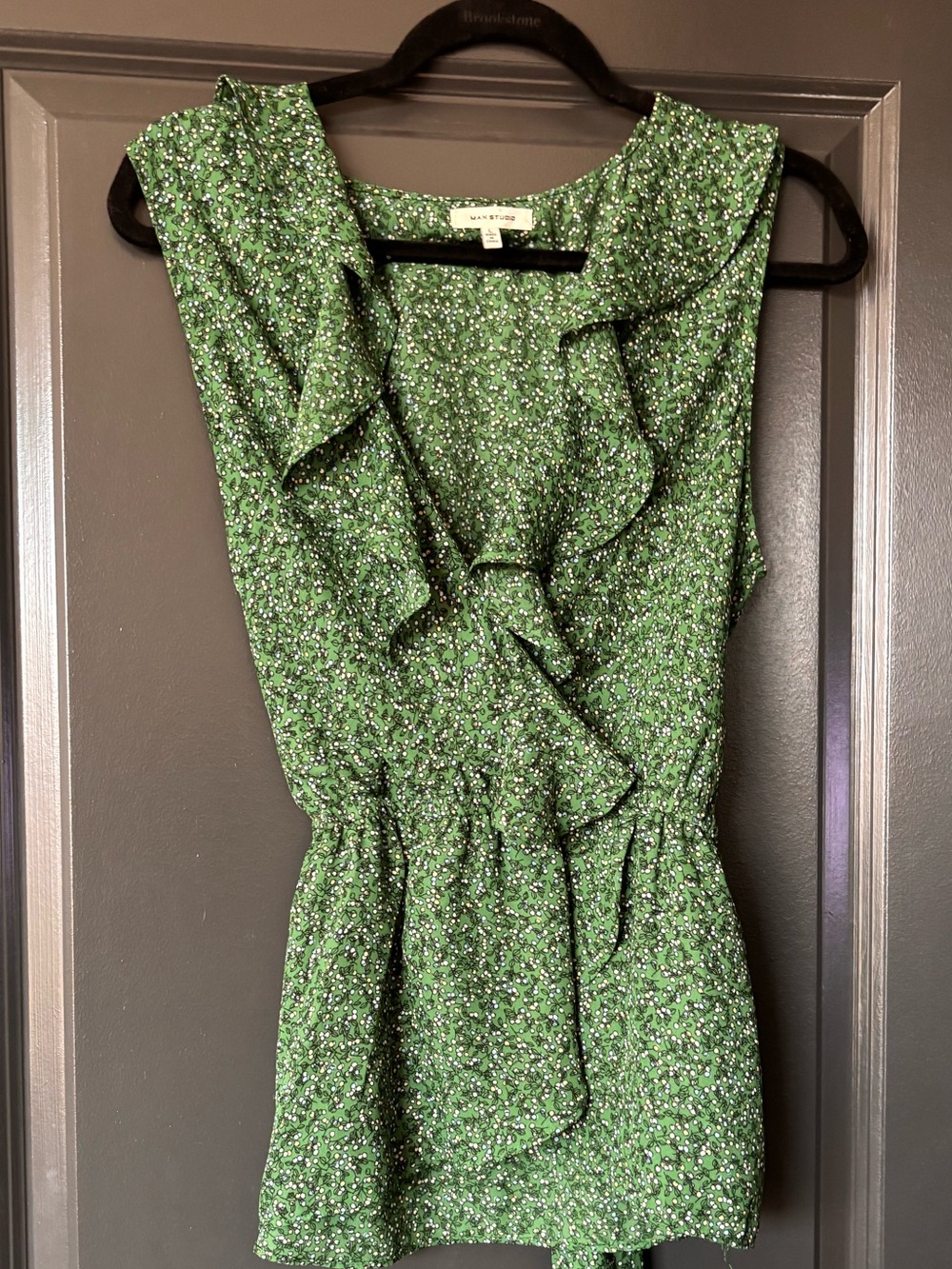 Max Studio Green Floral Ruffle Tie-Front Sleeveless Blouse